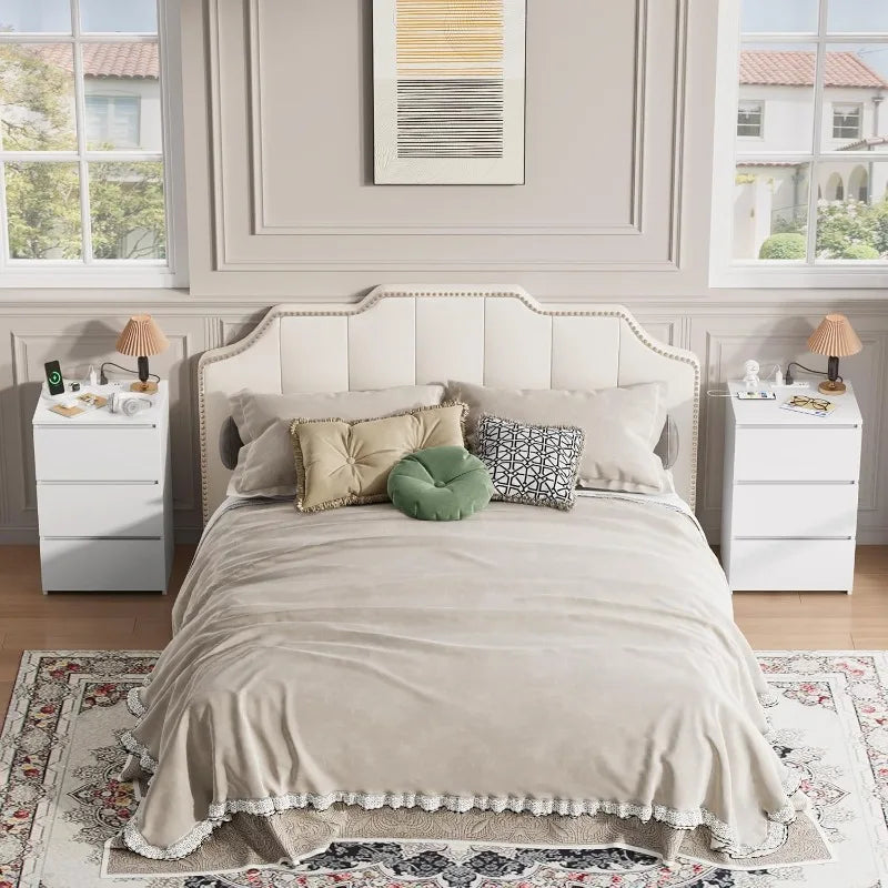 FOTOSOK White Nightstand Set of 2, 26" H White Night Stand with Charging Station, Nightstand Set 2 with USB Ports &Power Outlets