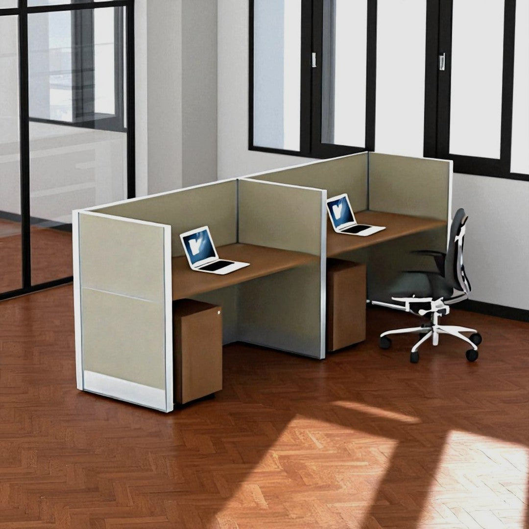 2-Way Office Cubicle Desk with Partition Screens and File Cabinets