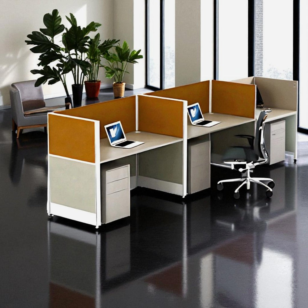 2-Way Office Cubicle Desk with Partition Screens and File Cabinets