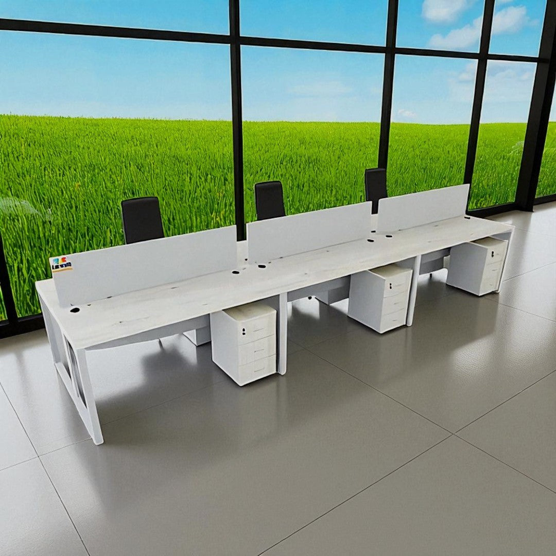 Modern office desk setup with chairs in front of large windows showing a green field.
