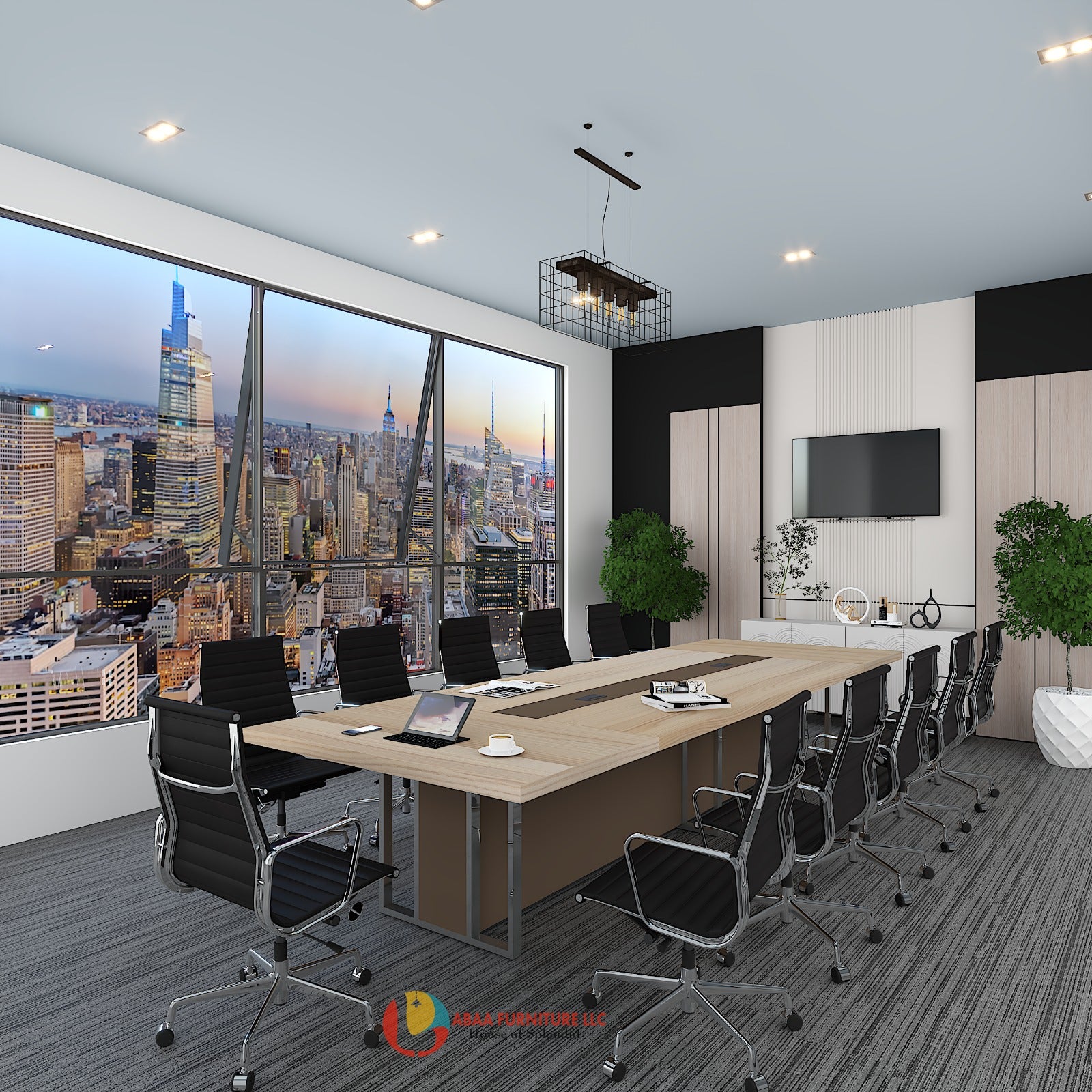 Modern conference room with cityscape view, wooden table, and black chairs.
