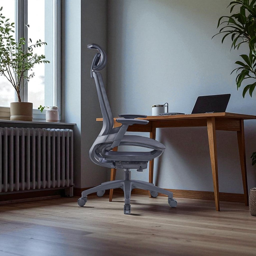 Ergonomic chair in a home office setting with a desk and plants.