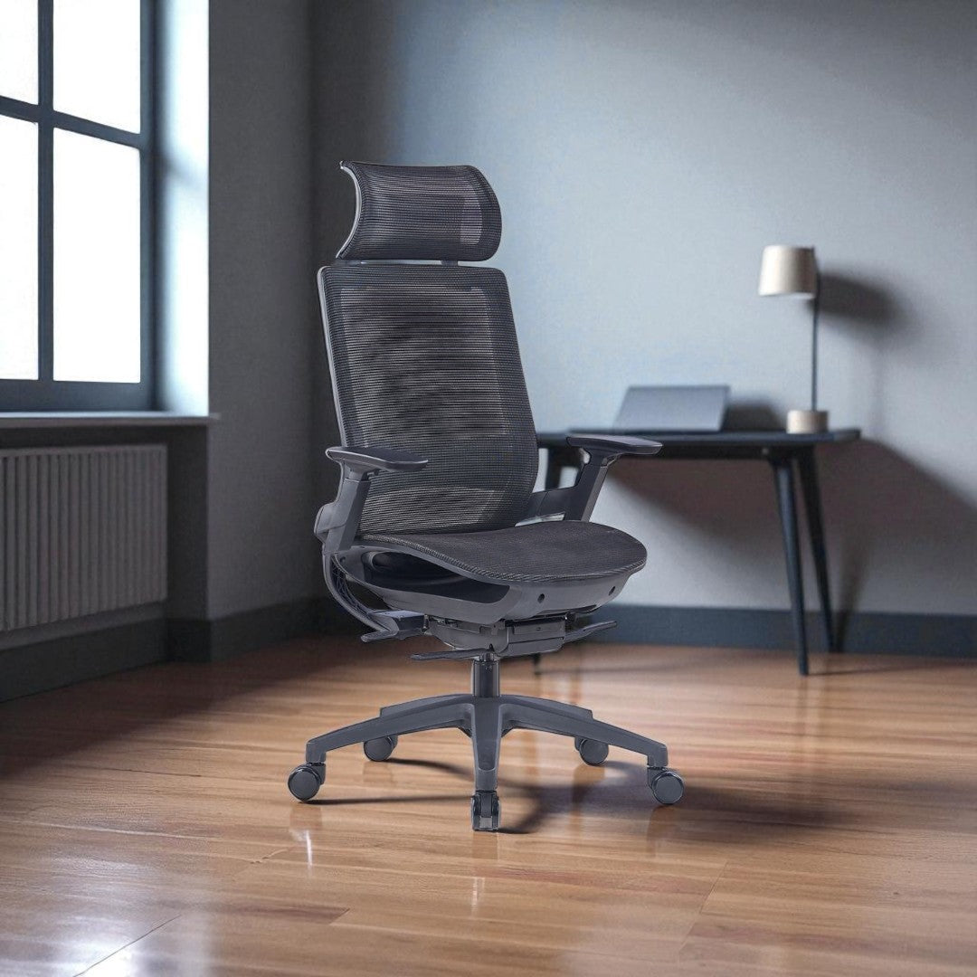 Ergonomic office chair in a modern room with a desk and lamp.