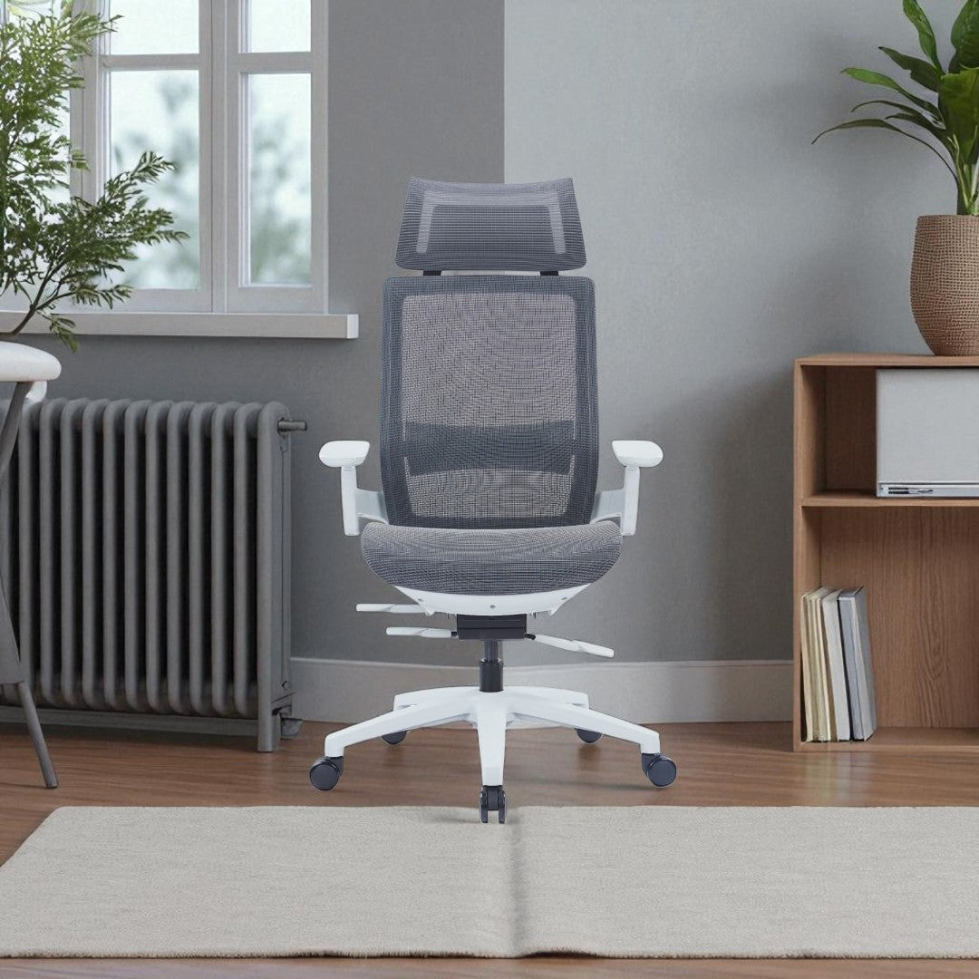 Gray office chair with white base in a room with a window, radiator, and bookshelf.