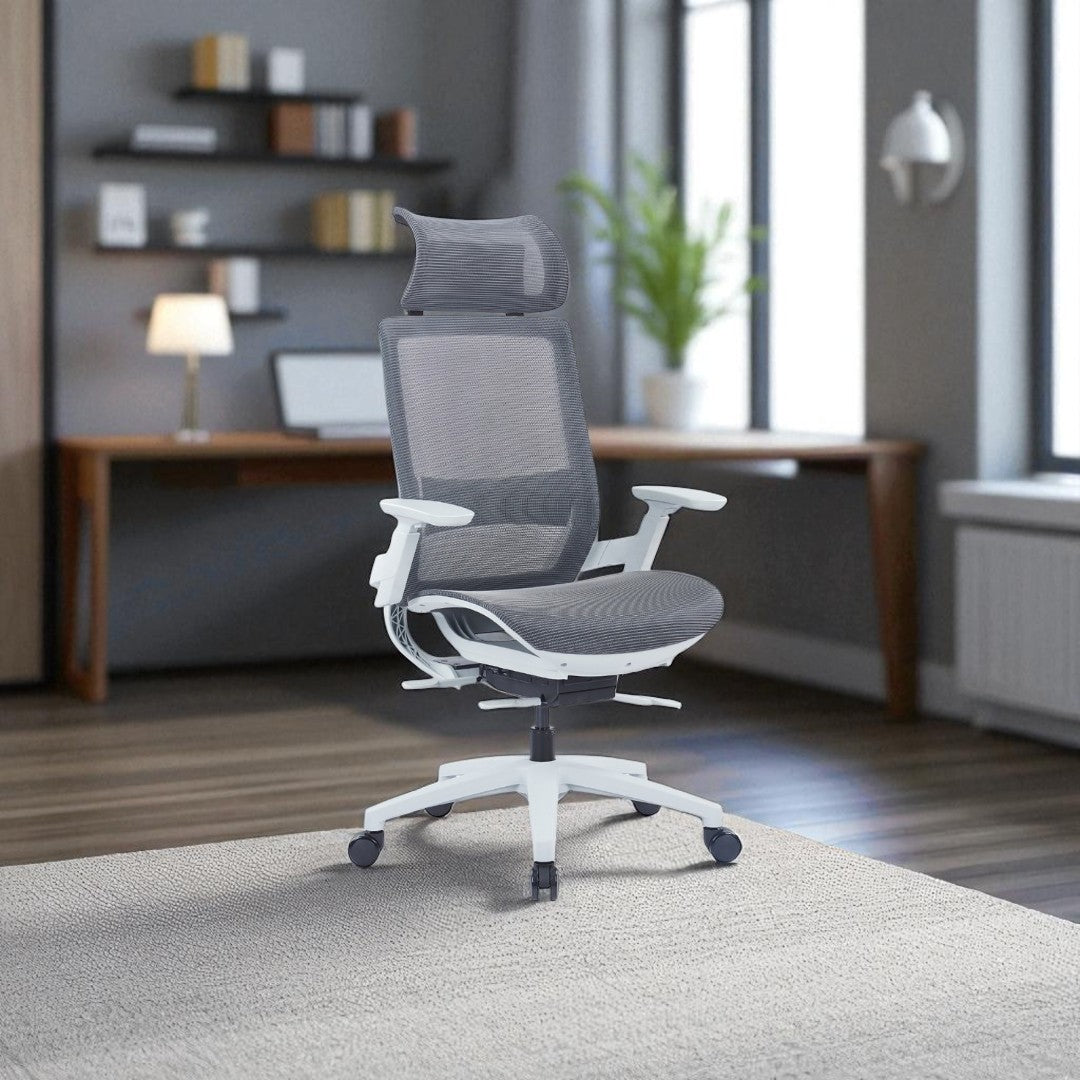 Gray office chair in a modern office setting with a desk and decor.