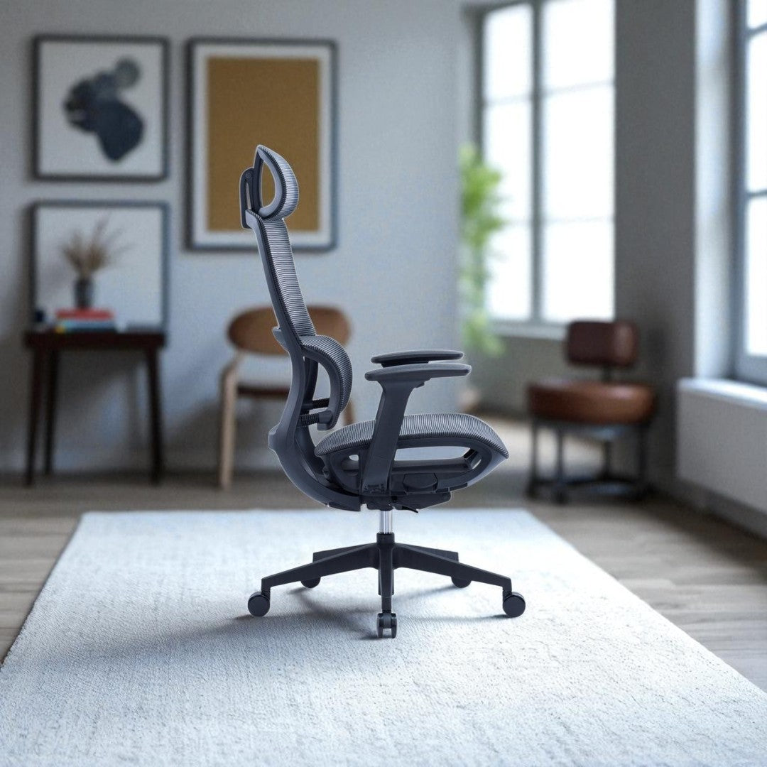 Gray office chair in a room with a blurred background