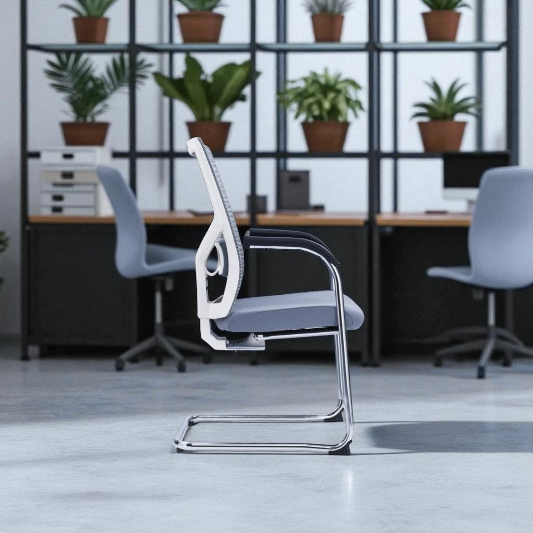 Modern office chair in a blurred office setting with desks and plants.