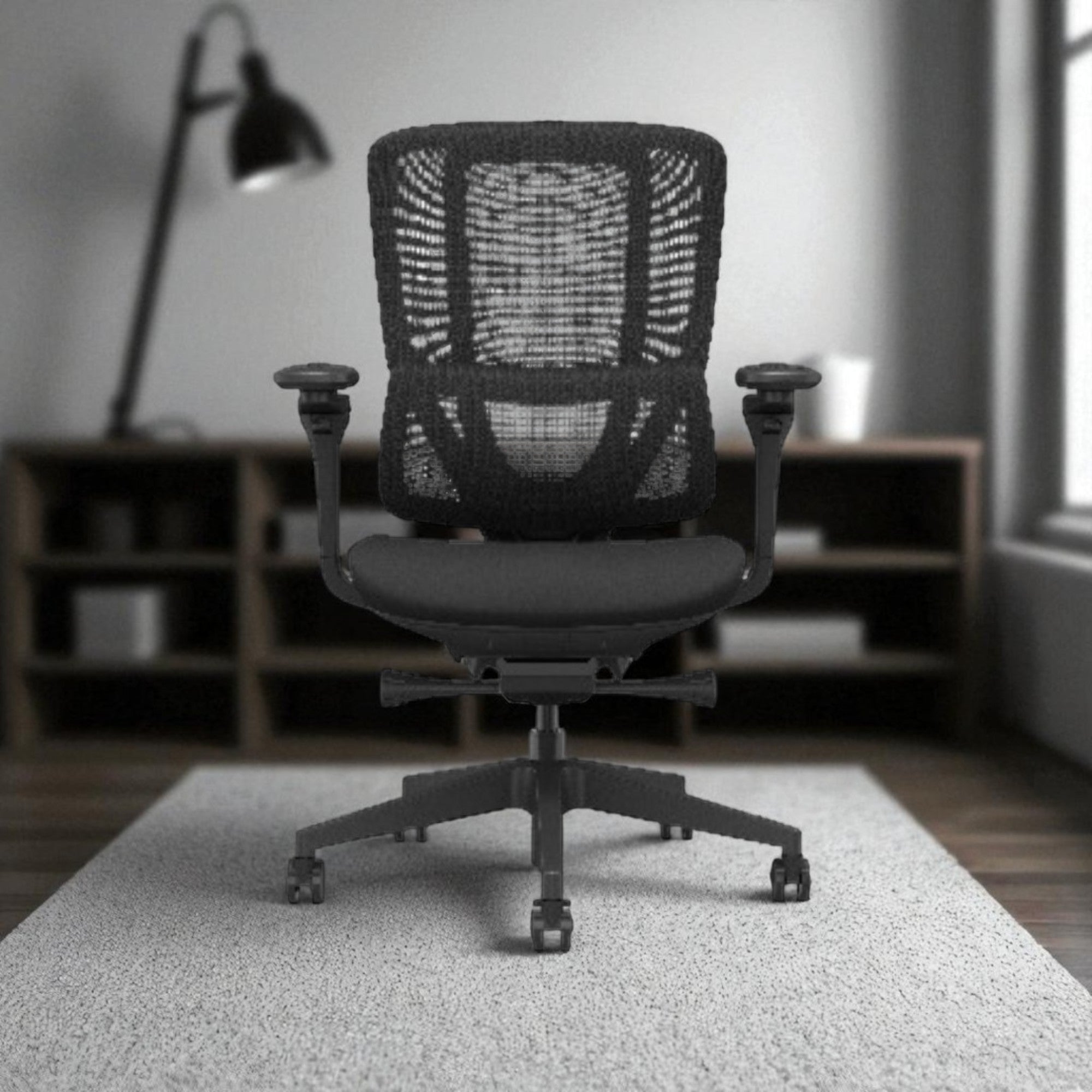 Black office chair in a room with a blurred background