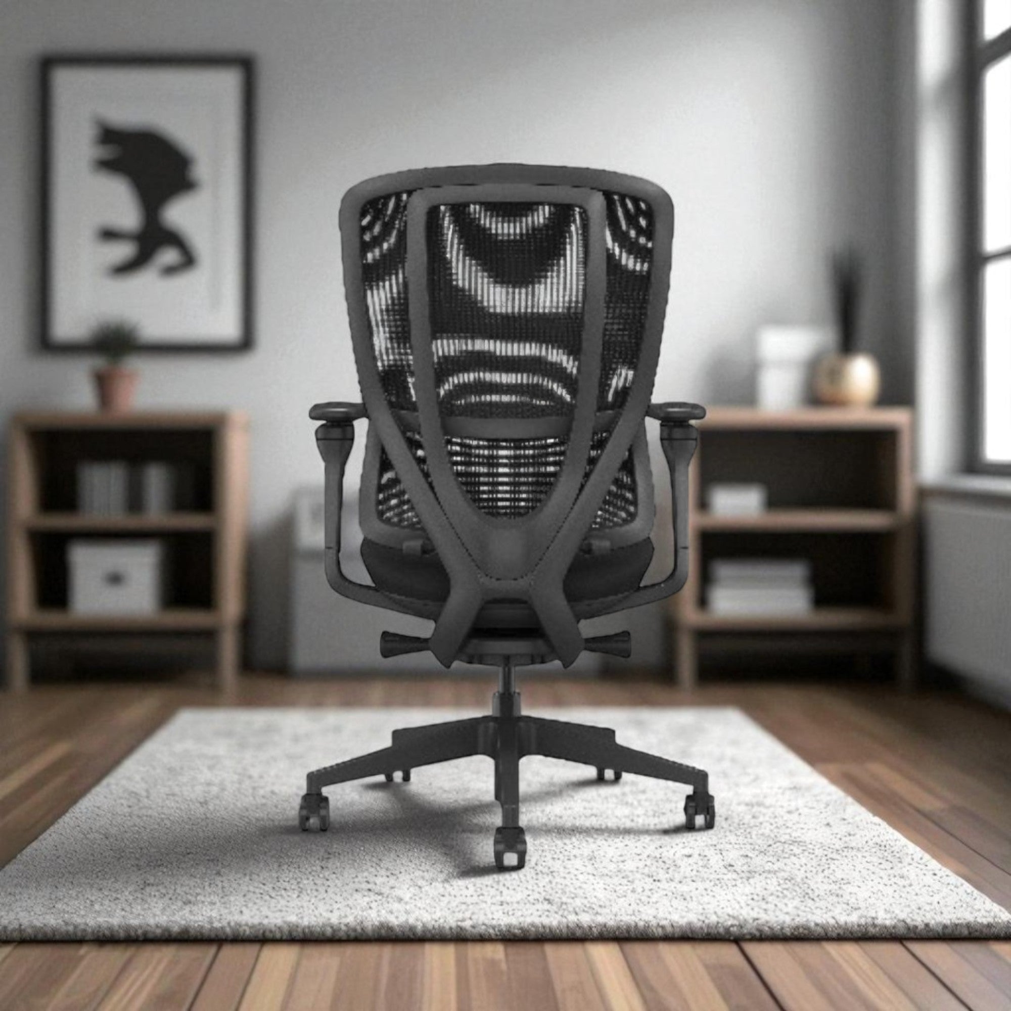 Black office chair in a room with wooden shelves and a rug.