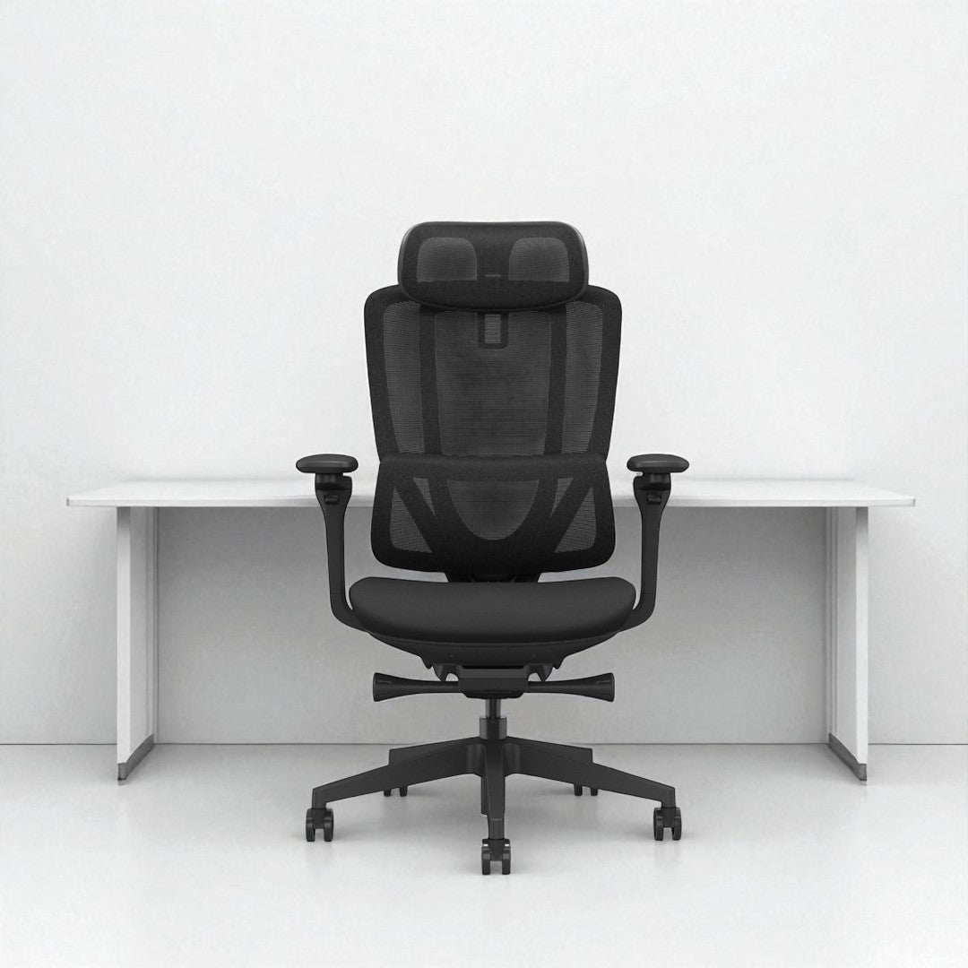 Black office chair with mesh backrest on a white desk against a white wall.