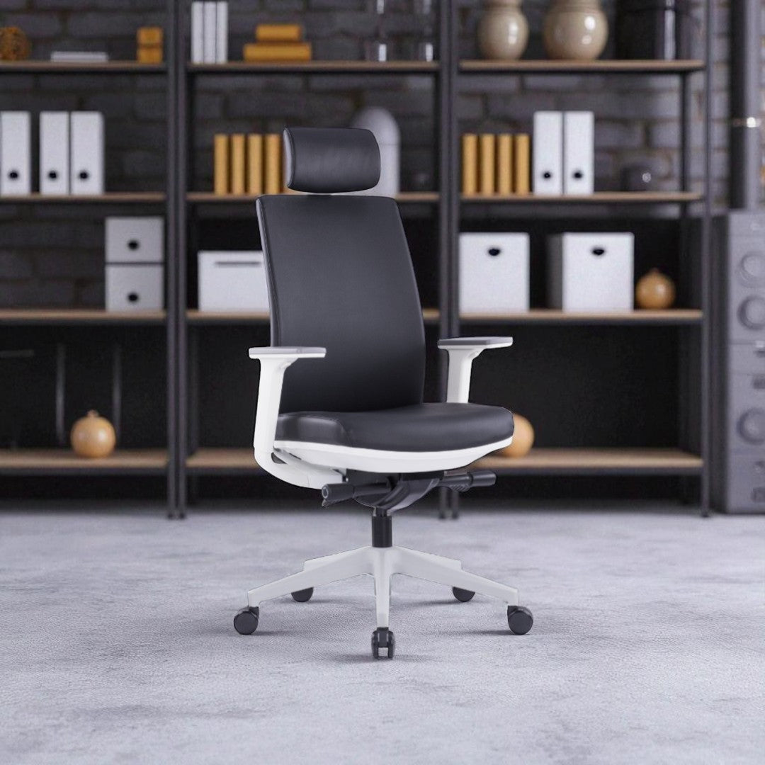 Black office chair with white base in an office setting