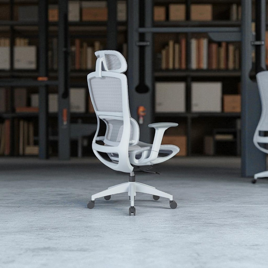 White office chair in a room with bookshelves