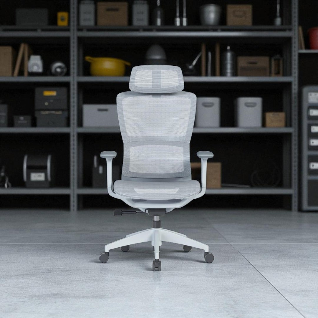 Gray office chair in a room with shelves and equipment