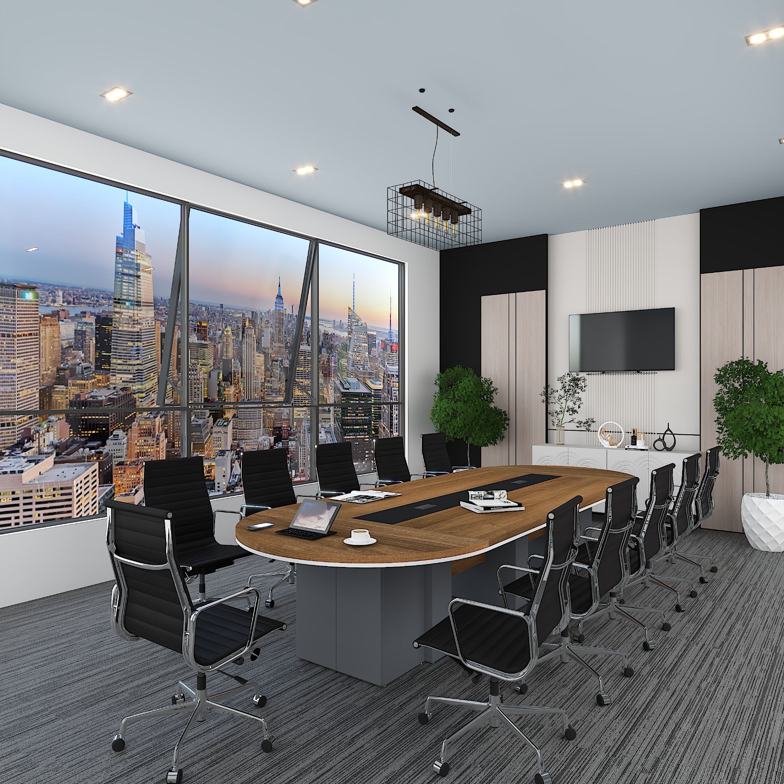 Modern conference room with cityscape view, round wooden table, and black chairs.