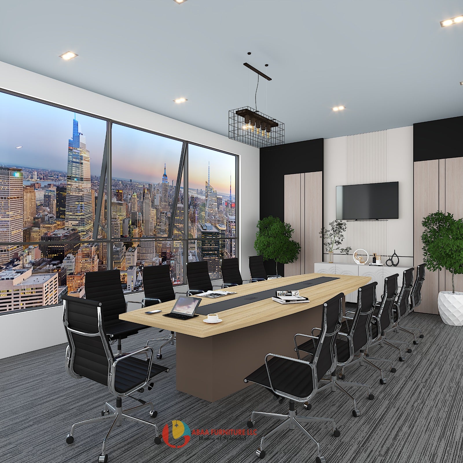 Modern conference room with cityscape view, wooden table, and black chairs.