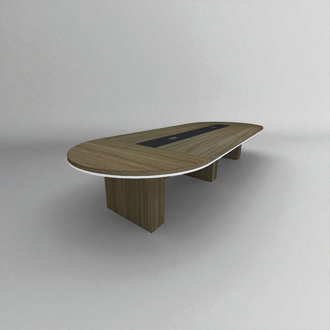 Wooden conference table with a white edge on a gray background