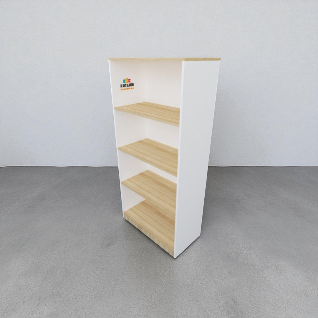 White display stand with wooden shelves on a gray floor and white background