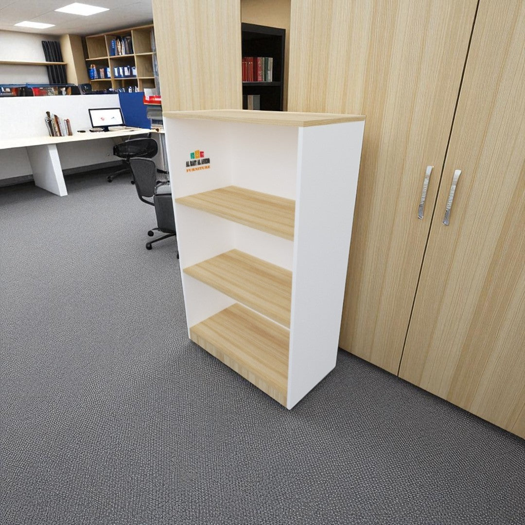 Modern office setup with wooden and white furniture, including a desk and bookshelves.