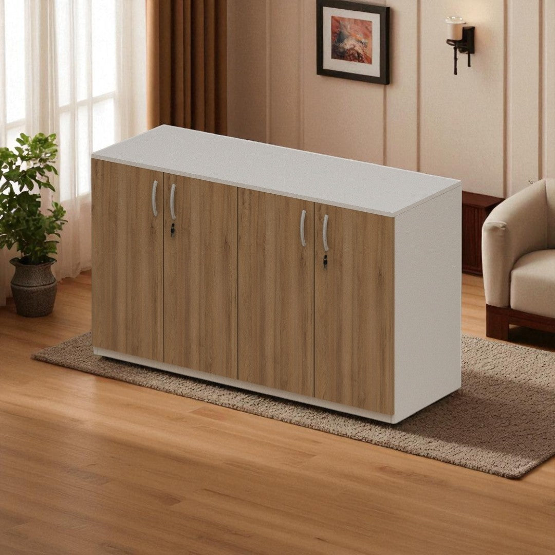 Wooden cabinet with white top in a room setting